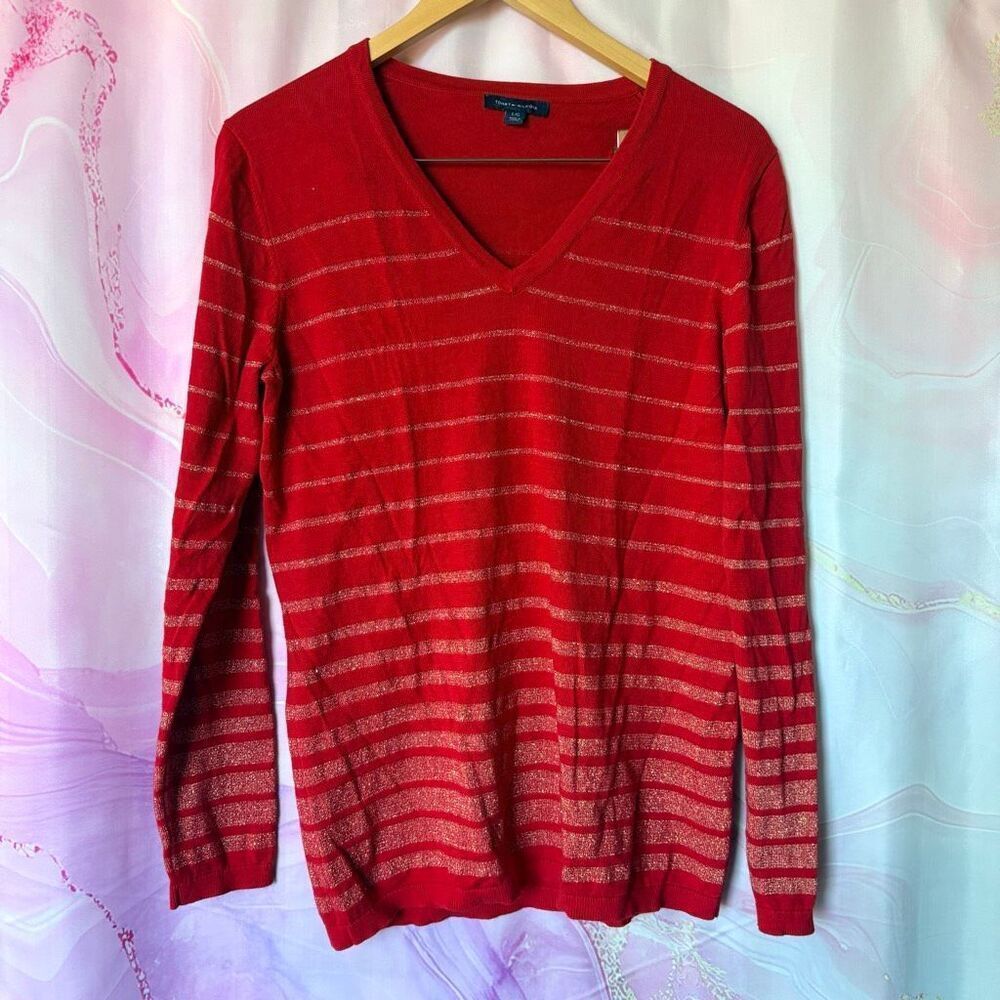 Tommy Hilfiger L Red Gold Shimmer Sweater Christmas Holiday Chinese New Year